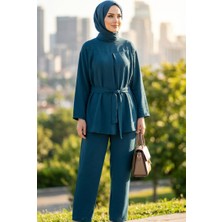 Sefa Merve Aerobin Kumaş Tunik Pantolon Ikili Takım 4141-10 Petrol