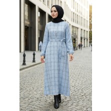 Sefa Merve Çizgili Kuşaklı Kolu Lastikli Kışlık Elbise 2505-06 Mavi