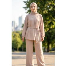 Sefa Merve Aerobin Kumaş Tunik Pantolon Ikili Takım 4141-02 Bej