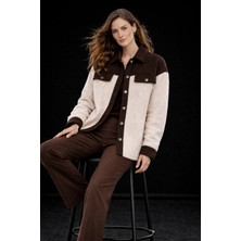 Studio Fashion 1988 Kadın Kahve Denim Garnili Tüylü Buklet Ceket