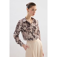 Sateen Desenli Düz Kesim Gömlek - Kahve