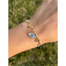 Luseda Nazar Göz Yıldız ve İnci Charm Detaylı Gold Bambu Kesim Ayarlanabilir Bileklik