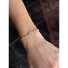 Luseda Vıp Taşlı Fatma Ana Eli Hamsa Figürlü Gold Boncuk Zincir 16+4 cm Ayarlanabilir Bileklik