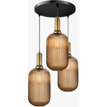 Rsylight Retro Metal Eskitme Kaplama Siyah  Bal Opal Camlı 3 Lü Dekoratif Sarkıt Avize