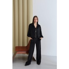 Fehu Bloom Kadın Siyah Fermuarlı 3'lü Kadife Takım