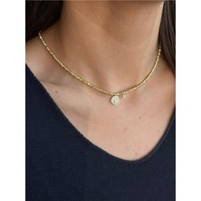 Luseda Gold Renk Zirkon Taşlı Daire & Yıldız Detaylı 40+5 cm Kolye