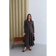 Fehu Bloom Kadın Kahverengi Düğmeli Ekose Desenli Gömlek Etek Takım