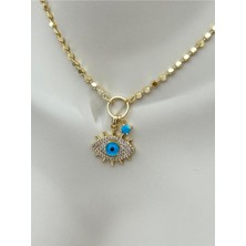 Luseda Turkuaz Nazar Göz Zirkon Taşlı 50+5 cm Ayarlanabilir Zincir Kolye