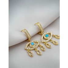 Luseda Gold Renk Turkuaz Taşlı Nazar Göz Sallantılı Zirkon Taşlı Halka Küpe