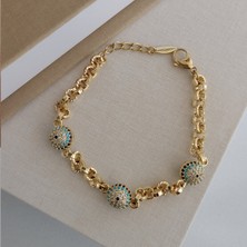 Lente Aksesuar 14K Altın Kaplama Zirkon Taşlı Nazar Boncuklu Doç Zincir Kadın Bileklik