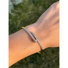 Luseda İki Renk Zirkon Taşlı Gold Çivi Form VIP Kelepçe