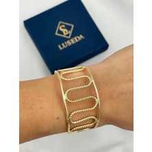Luseda VIP Dalga Formlu Geniş Ayarlanabilir Gold Kelepçe Bileklik