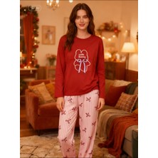 NiCe İç Giyim Bordo Tavşan Fiyonk Desenli Flexıble Cotton Esnek Kumaş Bayan Pijama Takım