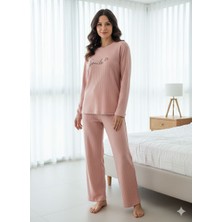 Enisa Interlok Kumaş Uzun Kollu Kadın Pijama Takımı Desenli Baskılı Işlemeli