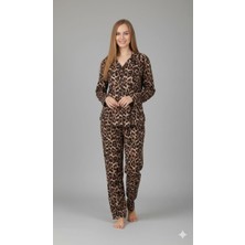 Boyraz Uzun Kollu Leopar Desenli Kadın Pijama Takımı Süet Kumaş