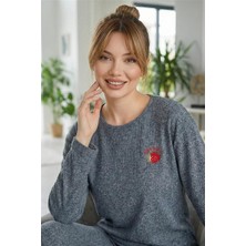 Pijama Evi Füme Strawberry Desenli Uzun Kollu Seul Örme Kadın Pijama Takımı