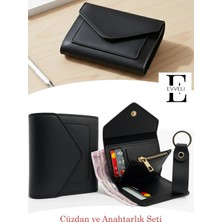 Evveli Kadın Deri Küçük Cüzdan Fermuarlı Kağıt Para Bölmeli ve Anahtarlık Hediye Seti