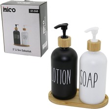 Vanch 2Lİ SET CAM SIVI SABUNLUK - LOSYONLUK 2X500MLBOYALI CAM=SİYAH-BEYAZ AHŞAP BAMBU ALTLIK - KAPAK (5264)