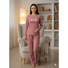 Enisa Interlok Kumaş Uzun Kollu Kadın Pijama Takımı Desenli Baskılı Işlemeli