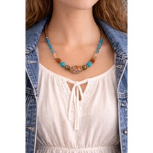 Herşey Nota Kadim Turkuaz Doğal Taşlı Etnik Kadın Kolye – Turkuaz Taş Detaylı, Pirinç, 60 cm Otantik Bohem Kolye