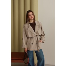 Fehu Bloom Kadın Bej Düğme ve Kuşak Detaylı Trençkot