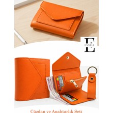 Evveli Kadın Deri Küçük Cüzdan Fermuarlı Kağıt Para Bölmeli ve Anahtarlık Hediye Seti