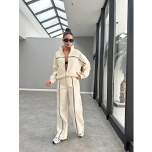 Kadın Şerit Detaylı Fermuarlı 3 Iplik Eşofman Takım