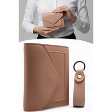 Evveli Kadın Deri Küçük Cüzdan Fermuarlı Kağıt Para Bölmeli ve Anahtarlık Hediye Seti