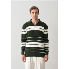 Marrakech Erkek Yeşil Çizgli V Yaka Triko Kazak