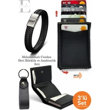 Evveli Deri Bileklik ve Nakit Para Bölmeli Kızaklı Mekanizmalı Cüzdan Kartlık Anahtarlık Seti