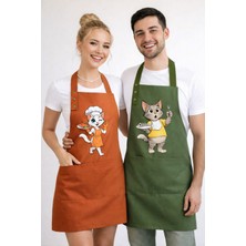 Hulganz Mutfak Önlüğü Seti Turuncu Haki Yeşil 2'li Leke Tutmaz Su Itici Kumaş Solmaz Baskı Şef Kediler Çift Mutfak Önlük Bulaşık Aşçı Hediye Çeyiz Sevgililer