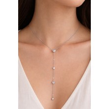 MSZ Silver Y Model Kalp Detaylı Zirkon Taşlı Gümüş Kaplama Çelik Kolye - Lariat Tarzı Uzun Zarif Kolye