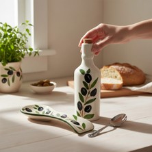 Sharp & Art El Işlemesi Seramik Zeytinyağı Şişesi ve Kaşıklık Seti, Zeytin Dalı Seramik Ürün Seti