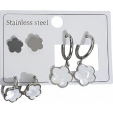 MSZ Silver Gümüş Kaplama Paslanmaz Çelik 6’lı Küpe Seti - Kararmaz Çiçek Figürlü Halka ve Vidalı Küpe Kombini