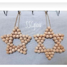 SSCglow Dev Doğal Ahşap Boncuklu Dekoratif 2'li Yıldız Set, Jüt Ipli Yılbaşı Ağacı Süsü