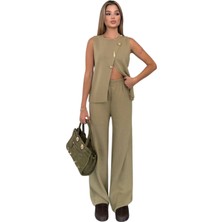 Kechi Woman Gold Aksesuarlı Haki Yelek-Pantolon Triko Takım