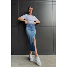 Mavi Yırtmaçlı Kot Etek