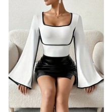 Kadın U Yaka Siyah Şerit Detyalı Yarasa Kol Dalgıç Kumaş Arabiyeli Bluz