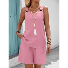 Kadın Askılı Yuvarlak Yaka Kuş Gözü Detaylı Bürümcük Bluz ve Short Ikili Takım