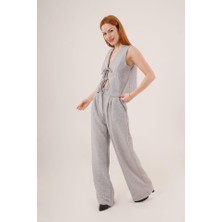 Ön Bağlama Detaylı Yelek ve Pantolon Gri Ikili Takım