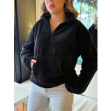 Kadın Uzun Kollu Önden Fermuarlı Cepli Peluş Sweat