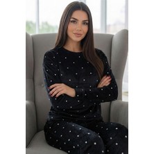 Pijama Evi Siyah Puan Desenli Veloura Soft Kadın Pijama Takımı 