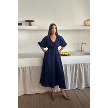 V Yaka Dökümlü Elbise - Lacivert