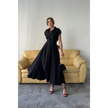 Kolsuz Vatkalı Önden Düğmelibel Pens Detaylı Poplin Elbise - Siyah