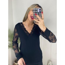 Kadın Uzun Kollu V Yakalı Dantel Detaylı Viskon Bluz