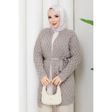 Pamuk Butik Kadın Tok Hasır Örgü Kuşaklı Triko Hırka -PMK508