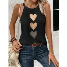 Kadın Omuzlardan Açık Boyundan Askılı Kalp Baskılı Viskon Bluz