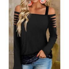 Kadın Uzun Lazer Kesik Detaylı Askılı Viskon Iki Iplik Bluz