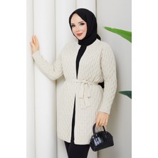 Pamuk Butik Kadın Tok Hasır Örgü Kuşaklı Triko Hırka -PMK508