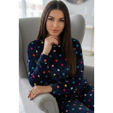 Pijama Evi Lacivert Puan Desenli Veloura Soft Kadın Pijama Takımı 